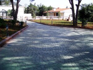 Residential area with cobblestone driveway