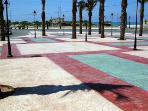 Open square with palm-lined walkway