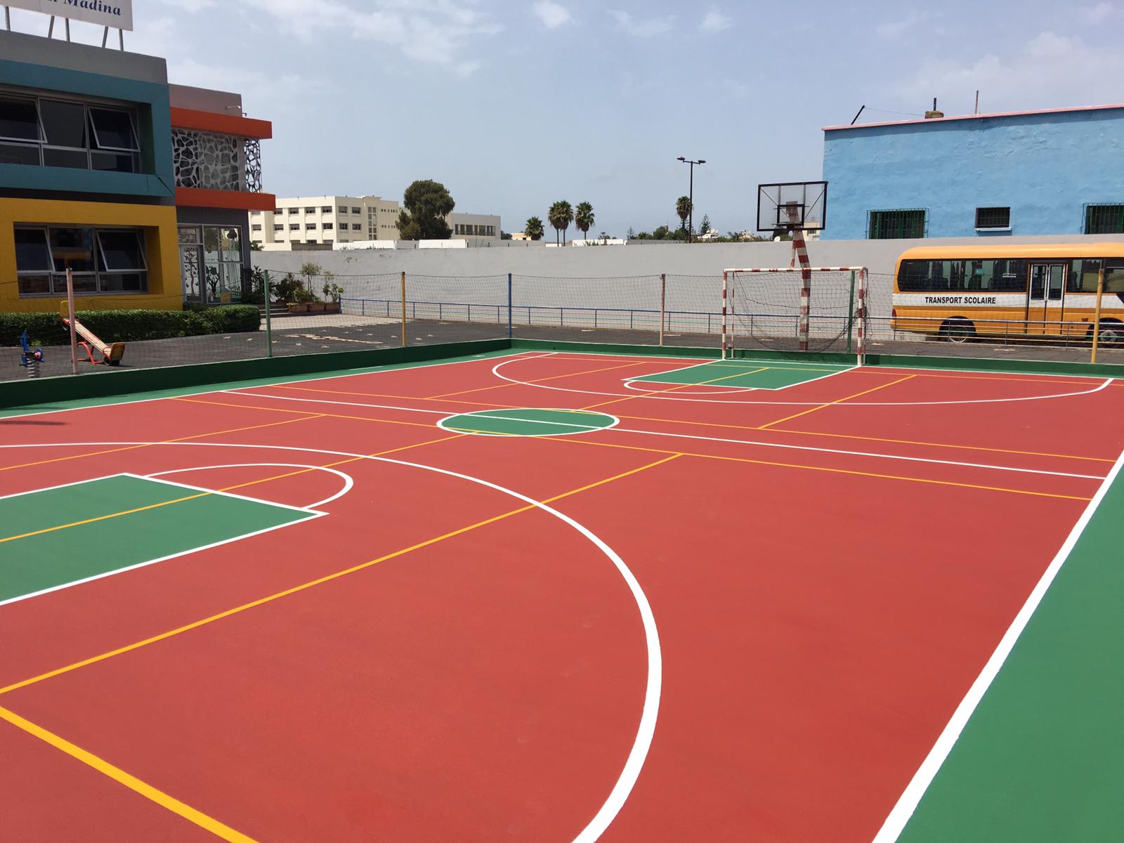 Outdoor sports court with colorful markings