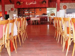 Rustic dining area with tables set