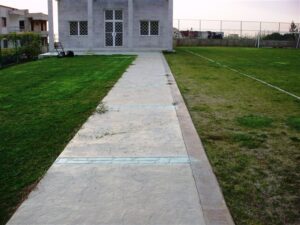 Concrete path between grassy areas