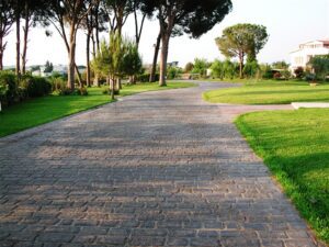 Brick pathway through a lush green park.