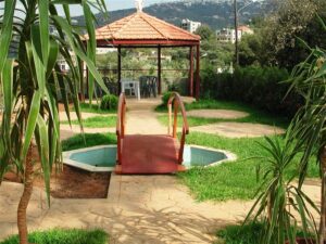 Garden gazebo with footbridge and plants