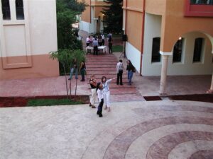 People gathering in a courtyard