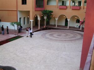 People standing in a courtyard