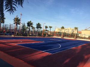Blue and red basketball court