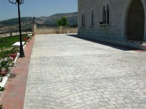 Paved courtyard with scenic mountain view