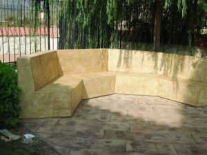 Outdoor seating with stone bench