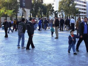 Public square with diverse pedestrians