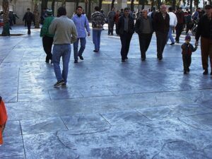 Crowded urban square with pedestrians