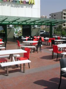 Empty patio tables at fast food place