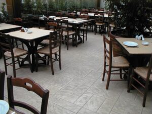 Indoor restaurant seating with tiled floor