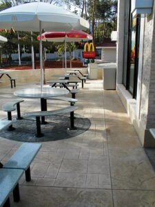 Outdoor seating area with umbrellas