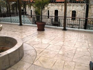 Wet stone tiles and railing