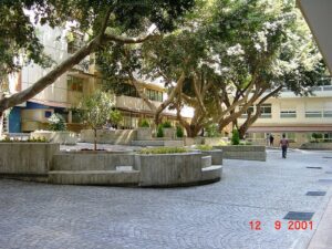 Outdoor plaza with circular planters