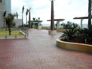 Spacious terrace with red brick flooring