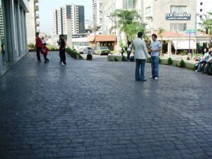 Urban scene with buildings and pedestrians