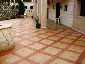 Decorative tiled courtyard with potted plants
