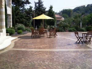 Outdoor patio with yellow umbrella
