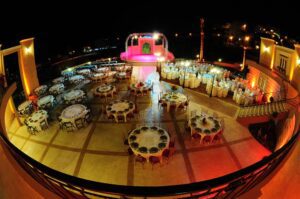 Circular table arrangement at outdoor celebration