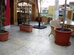 Outdoor patio with potted plants