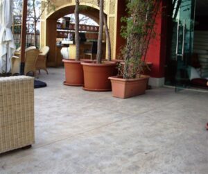 Outdoor patio with potted plants