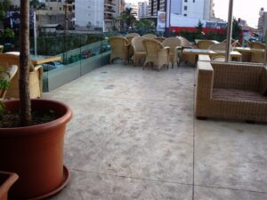 Outdoor patio with wicker furniture