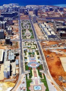 Aerial view of coastal city development