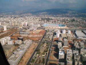 City skyline featuring prominent stadium