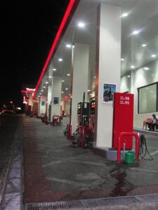 Nighttime view of a modern gas station