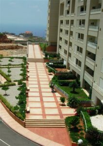 Modern building with garden path