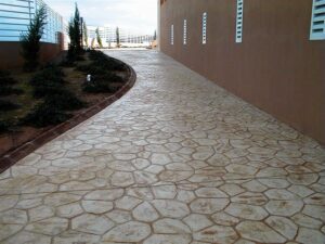 Textured walkway with garden view