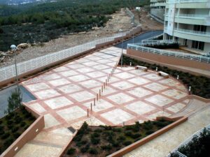 Geometric plaza near modern architecture