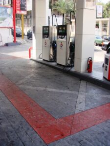 Urban gas station with fuel pumps