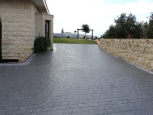 Brick-patterned path with garden view