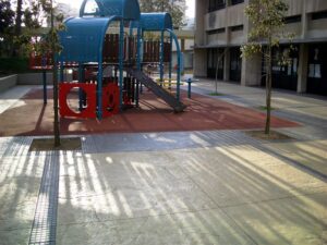Playground with blue and red equipment