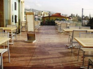 Rooftop patio with empty tables