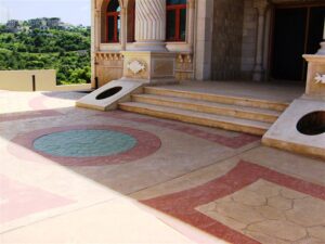 Ornate building entrance with decorative pavement
