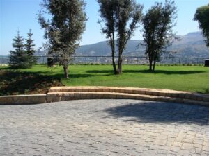 Stone pavement near green lawn