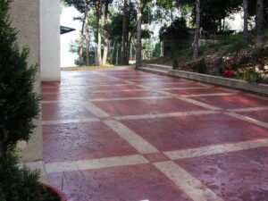 Outdoor patio with checkered tile pattern