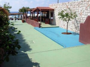 Seaside walkway with stone wall and tree