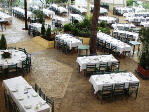 Outdoor restaurant with neatly arranged tables