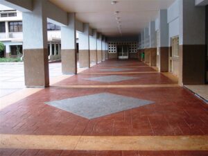 School corridor with patterned floor tiles