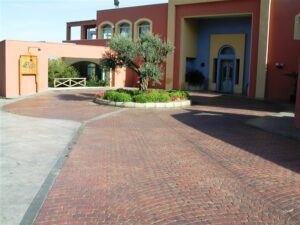 Entrance with potted plants and trees