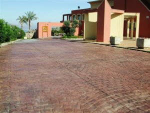 Palm trees by a paved courtyard