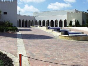 White architectural structure with blue sky