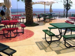 Colourful benches in seaside area