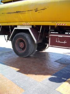 Industrial vehicle parked on pavement