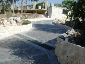 Winding driveway near contemporary building