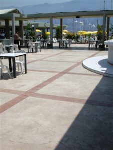 Outdoor patio with empty tables